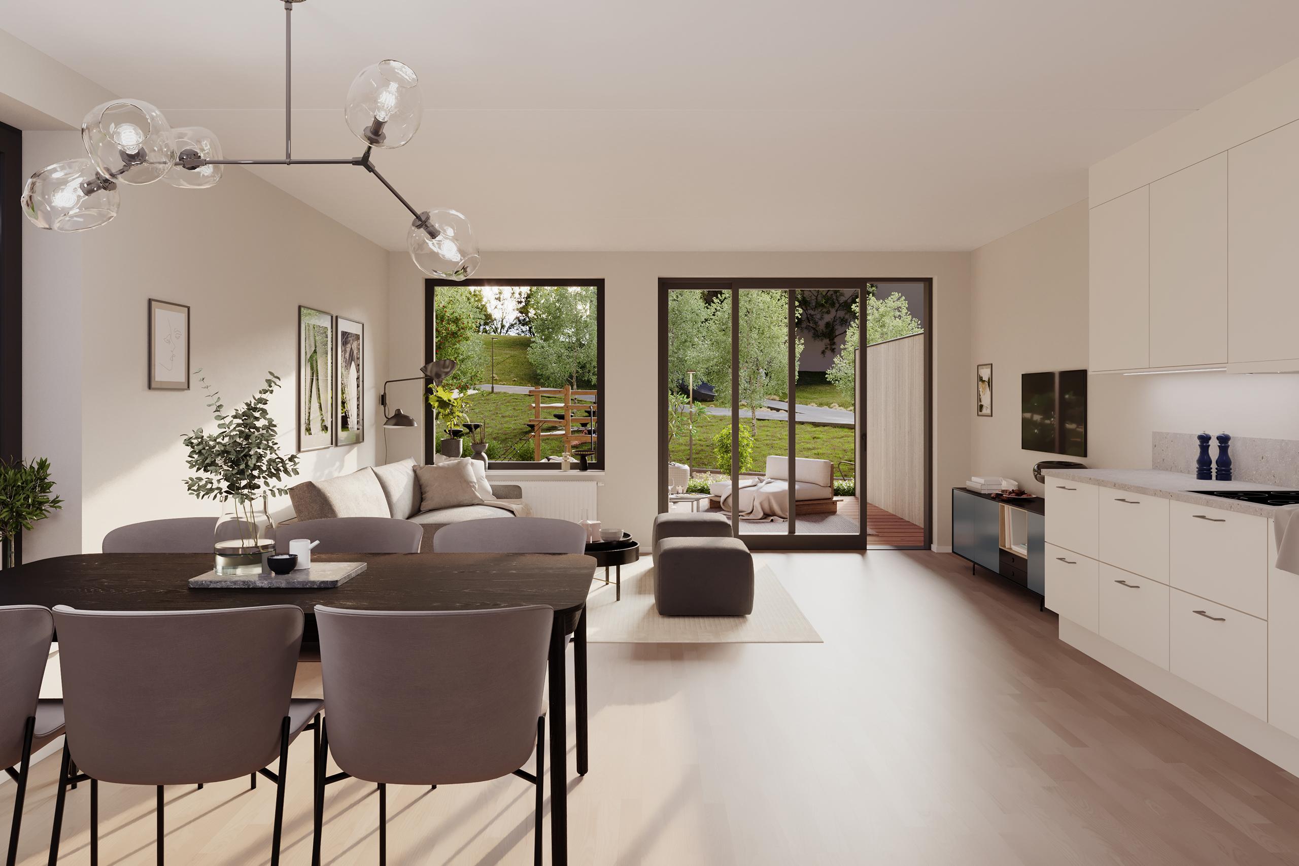 Fireroms med skyvedør ut til stor markterrasse.