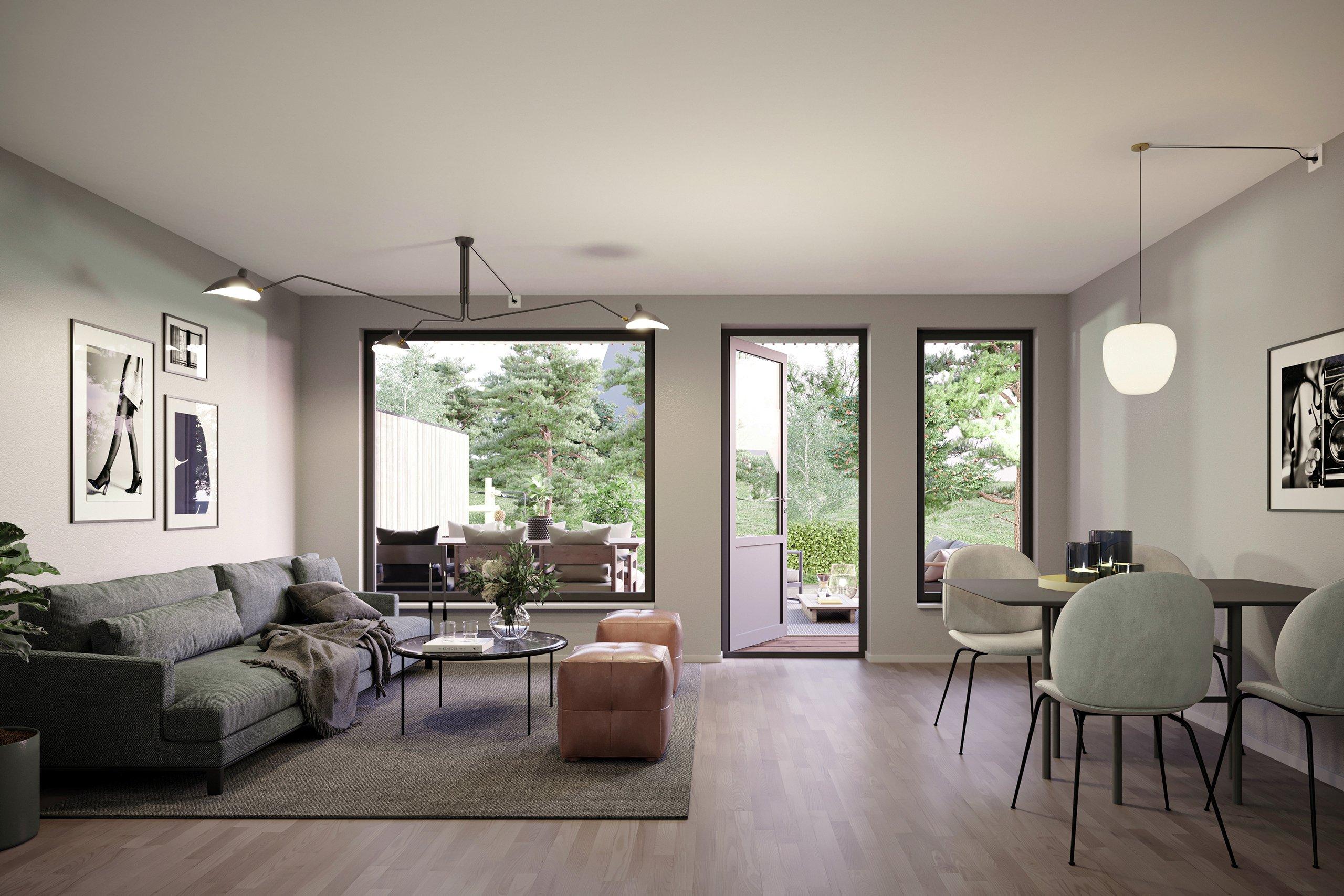 Fin treroms med stor markterrasse.