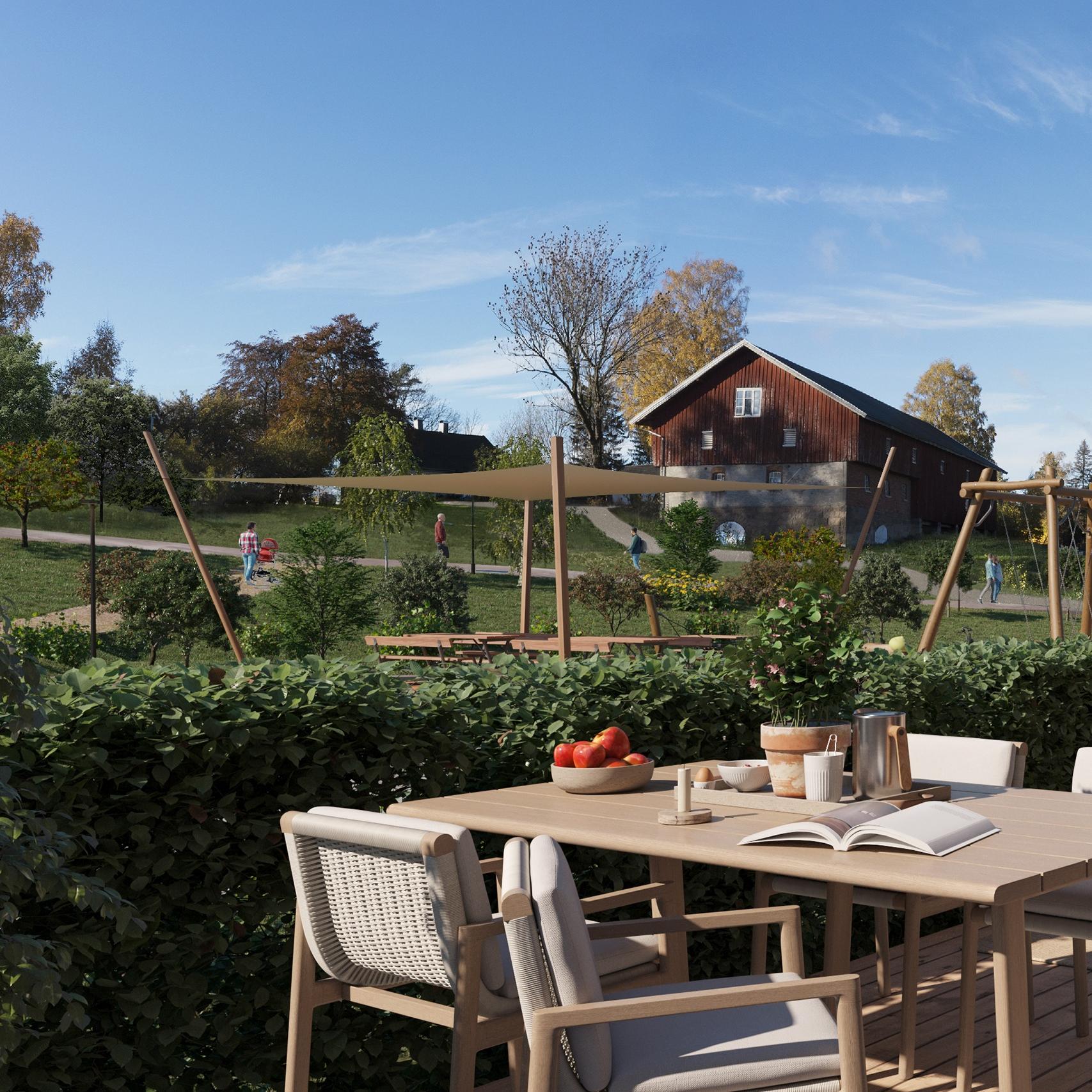 Fin markterrasse med utsikt mot Langhus Gård