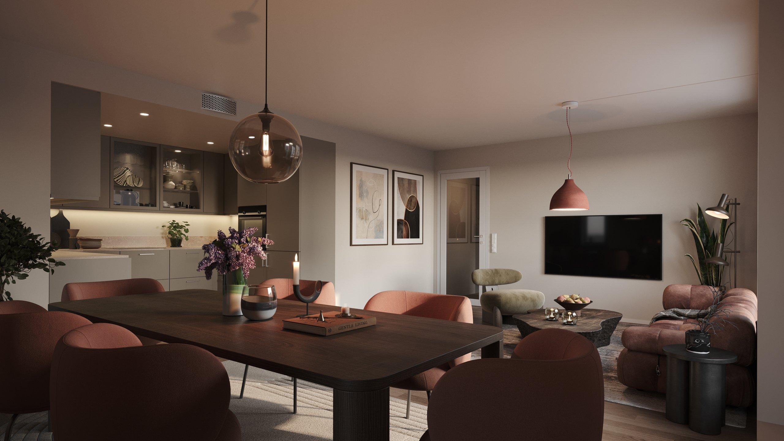 Flott spisestue, kjøkken og stue. 3d bilde som viser leilihgeten med oppgraderte tilvalg.