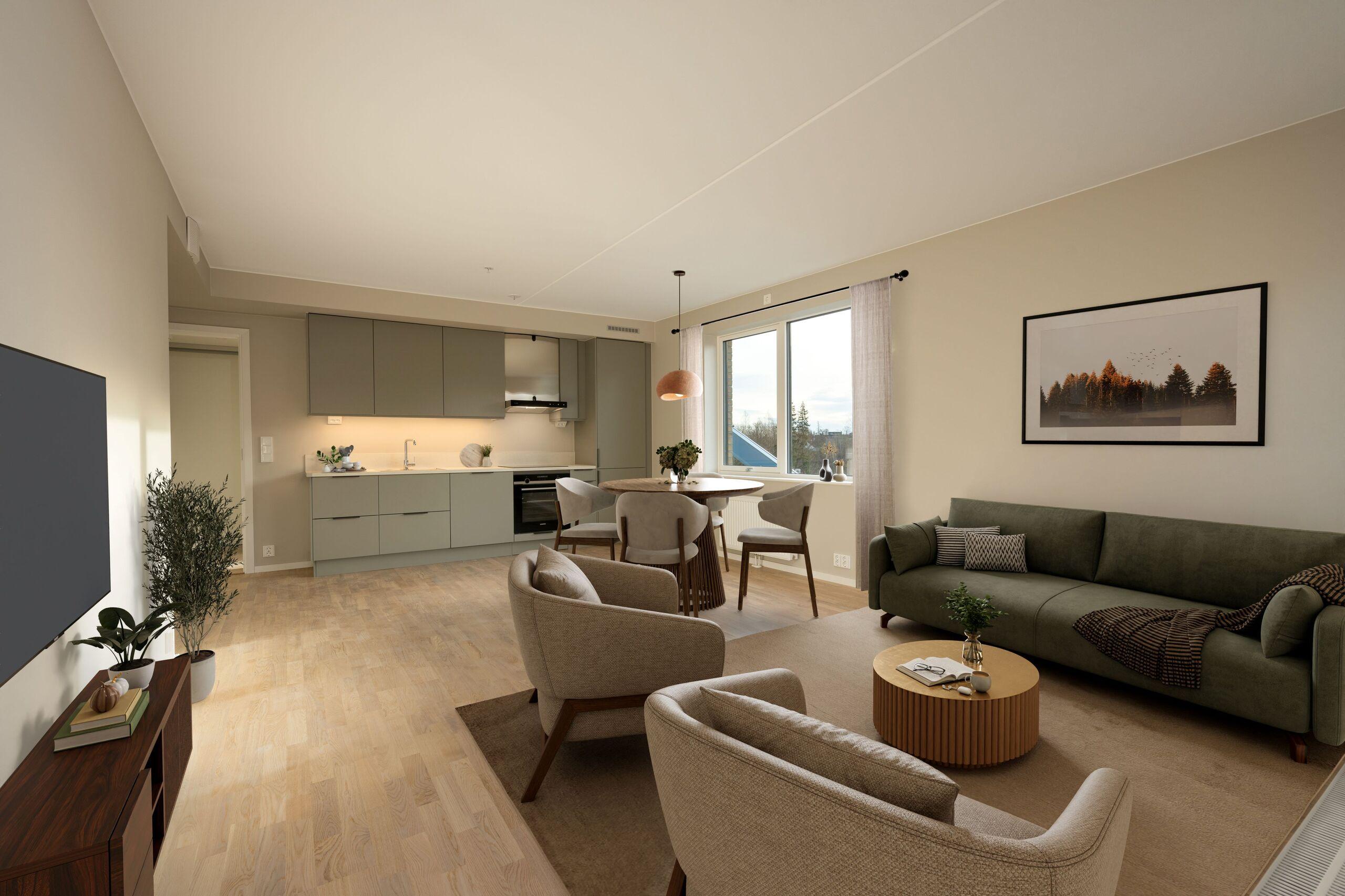 Boligen er digitalt møblert. Kjøkkenfarge kan avvike