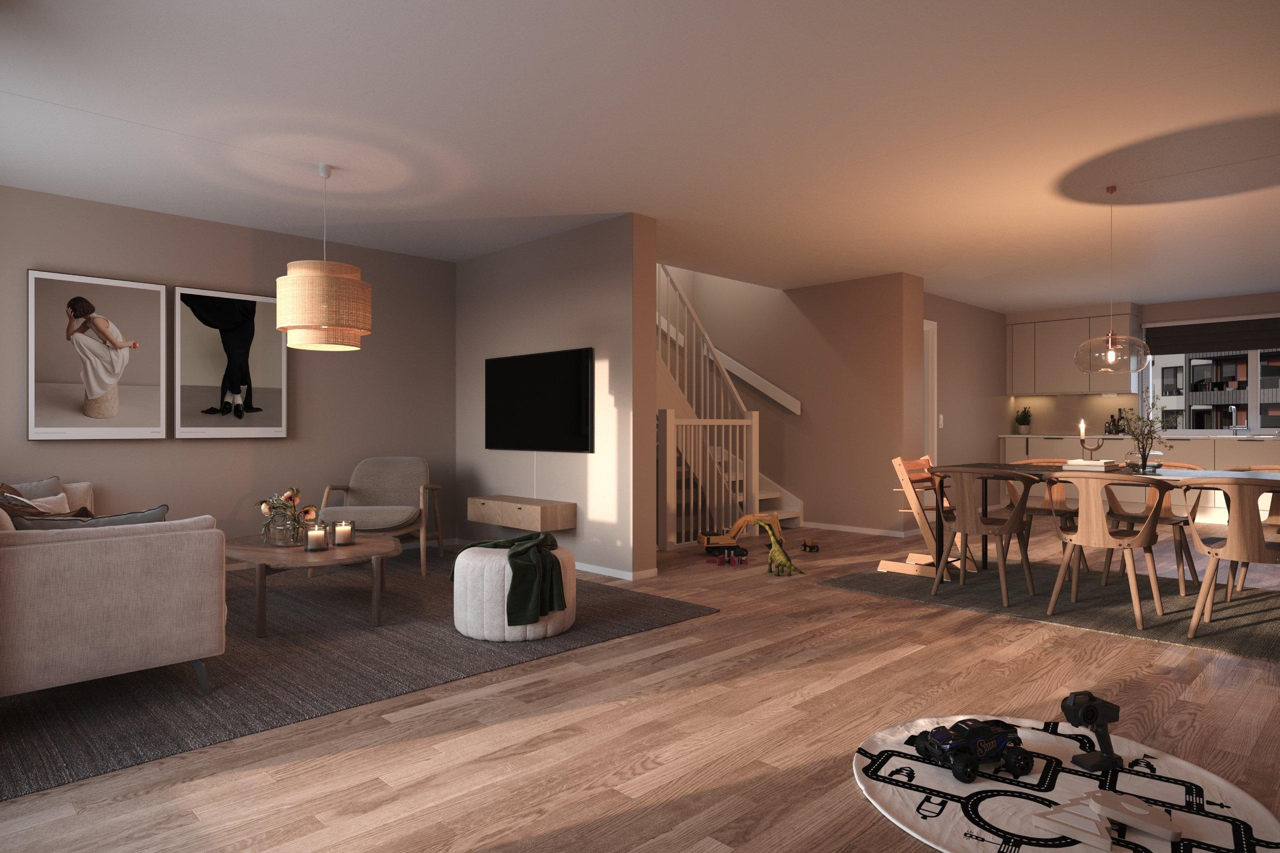 Stor åpen stue- og kjøkkenløsning, illustrert i hus 5