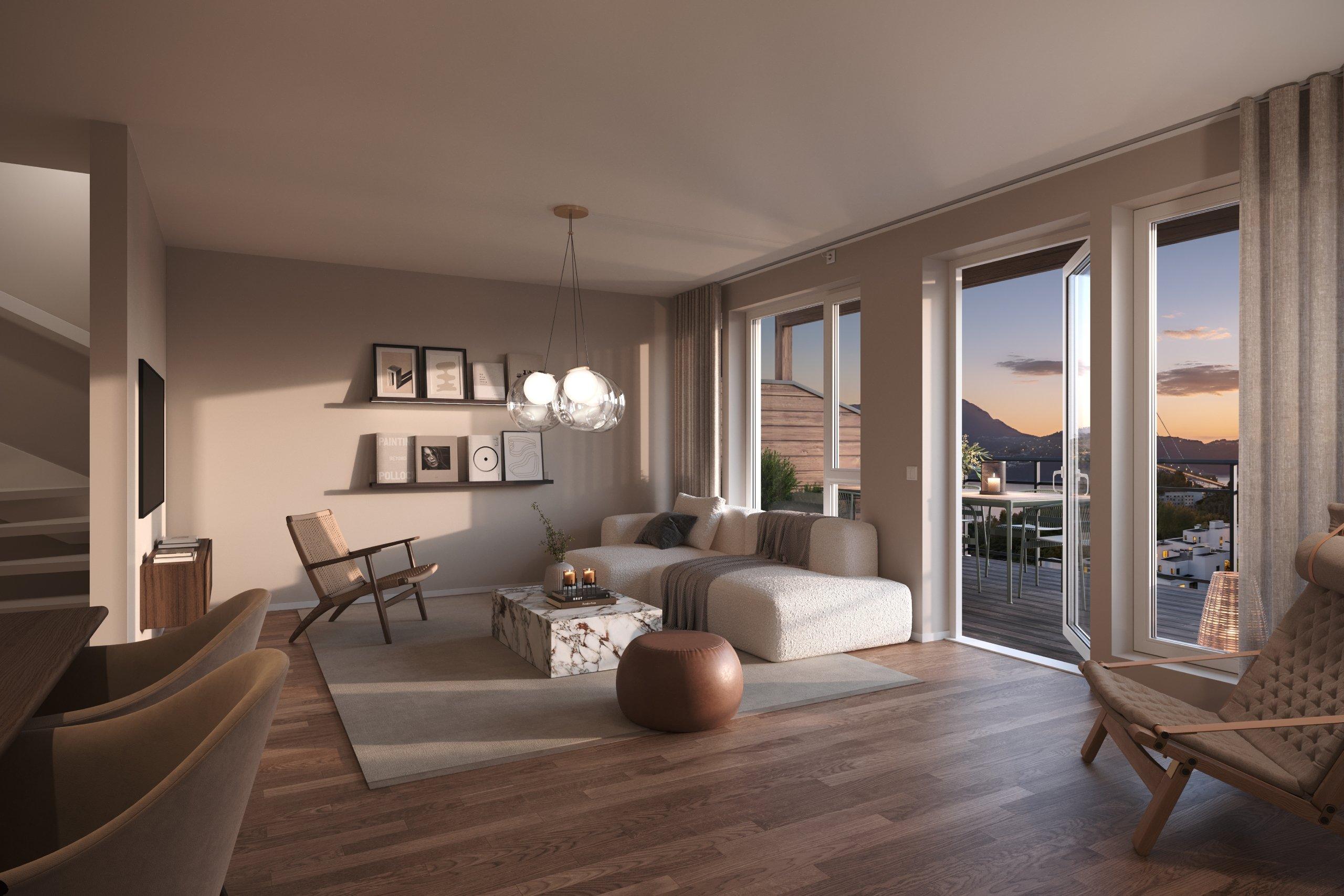 Romslig og koselig stue, illustrert fra hus 9