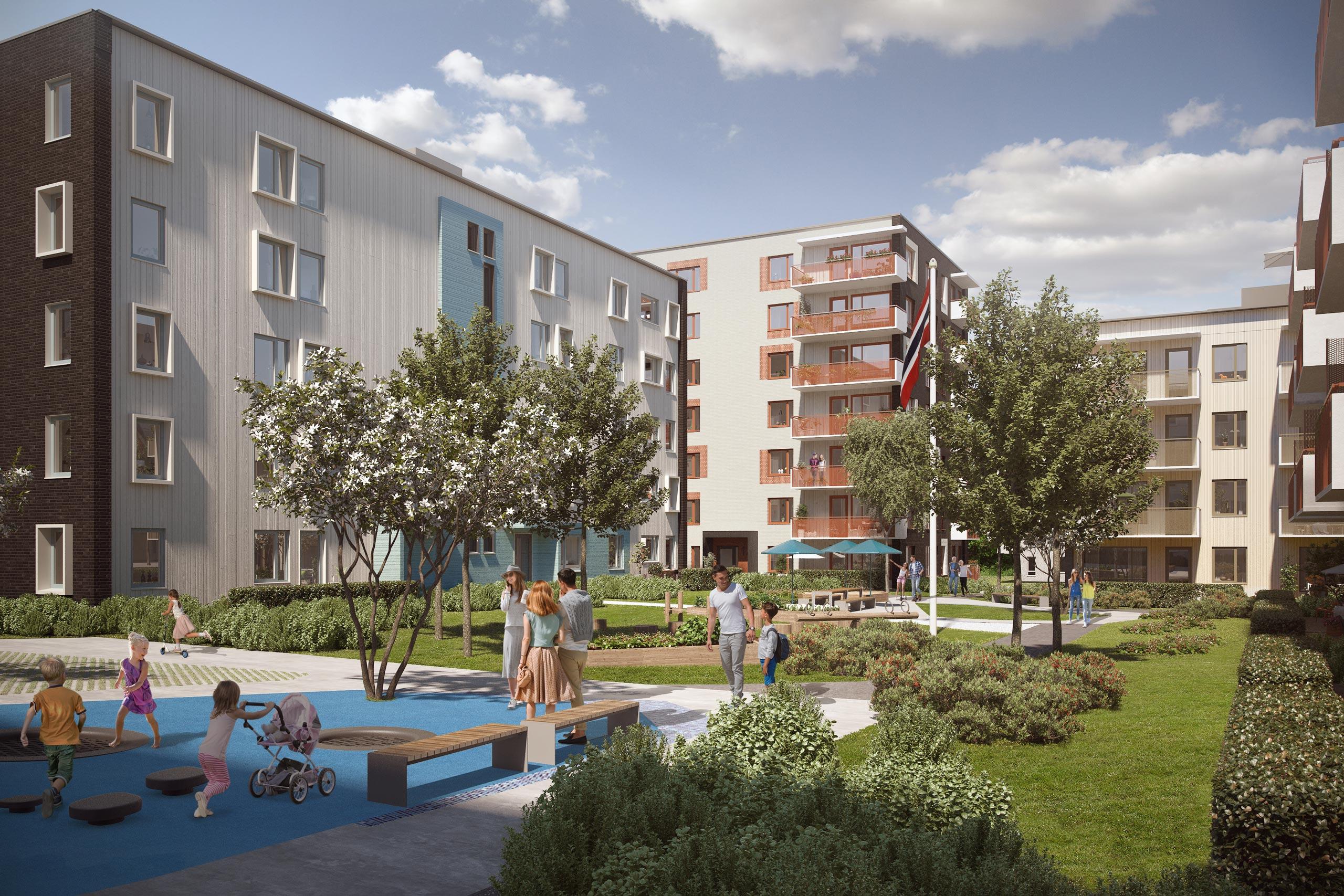 Uteområdet til JM leilighetene på Vestre Billingstad. Store åpne plasser hvor barna kan leke