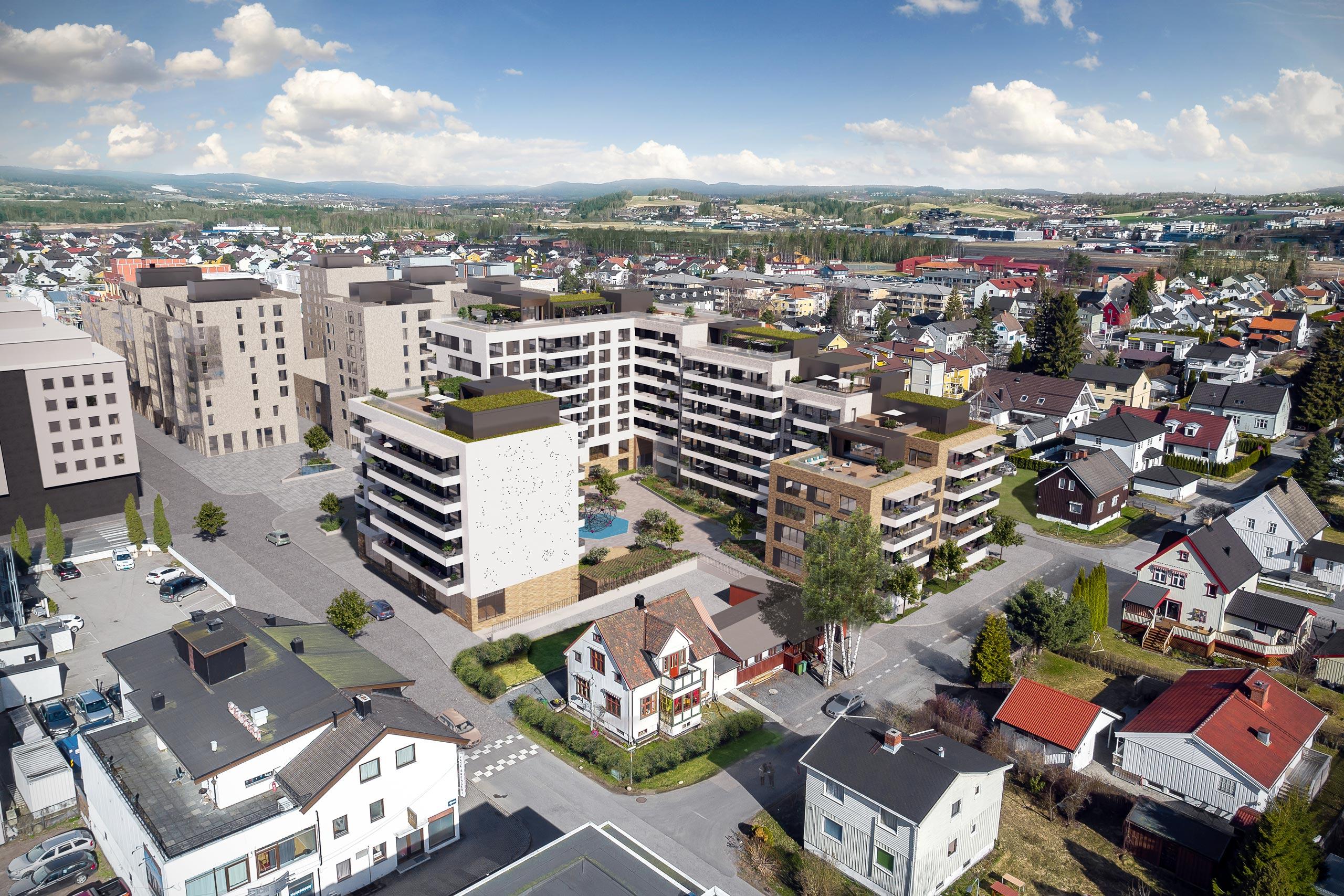 Oversikt over området og leilighetsbyggene til nye leiligheter på Lundkvartalet i Lillestrøm