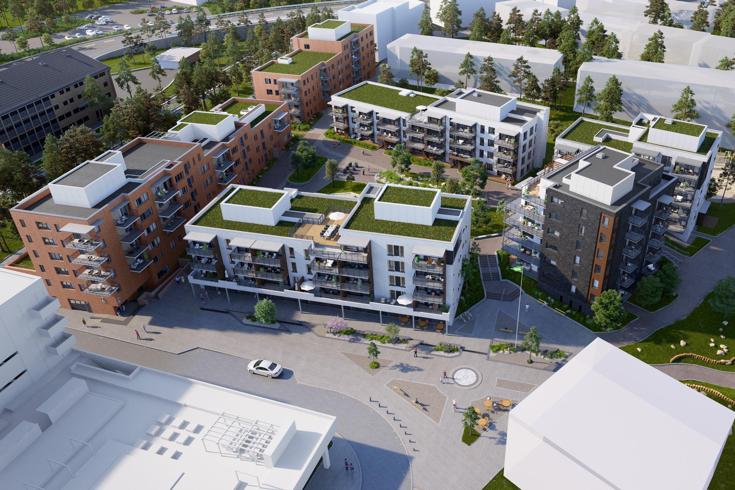 Oversikt over torgkvertalet på baksiden av de nye JM elilighetene på Myrvoll Stasjon