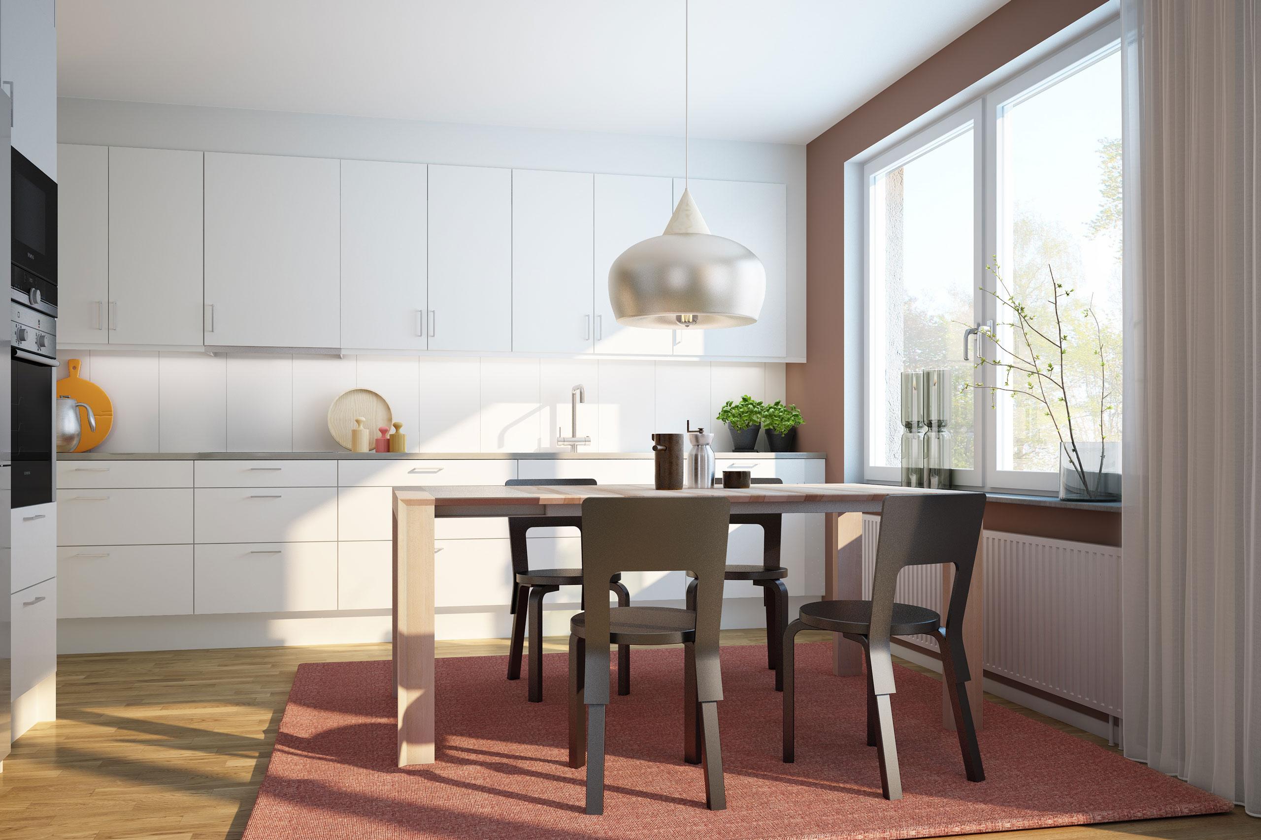 JM spisestue med plass til fire og med tilknyttet kjøkken