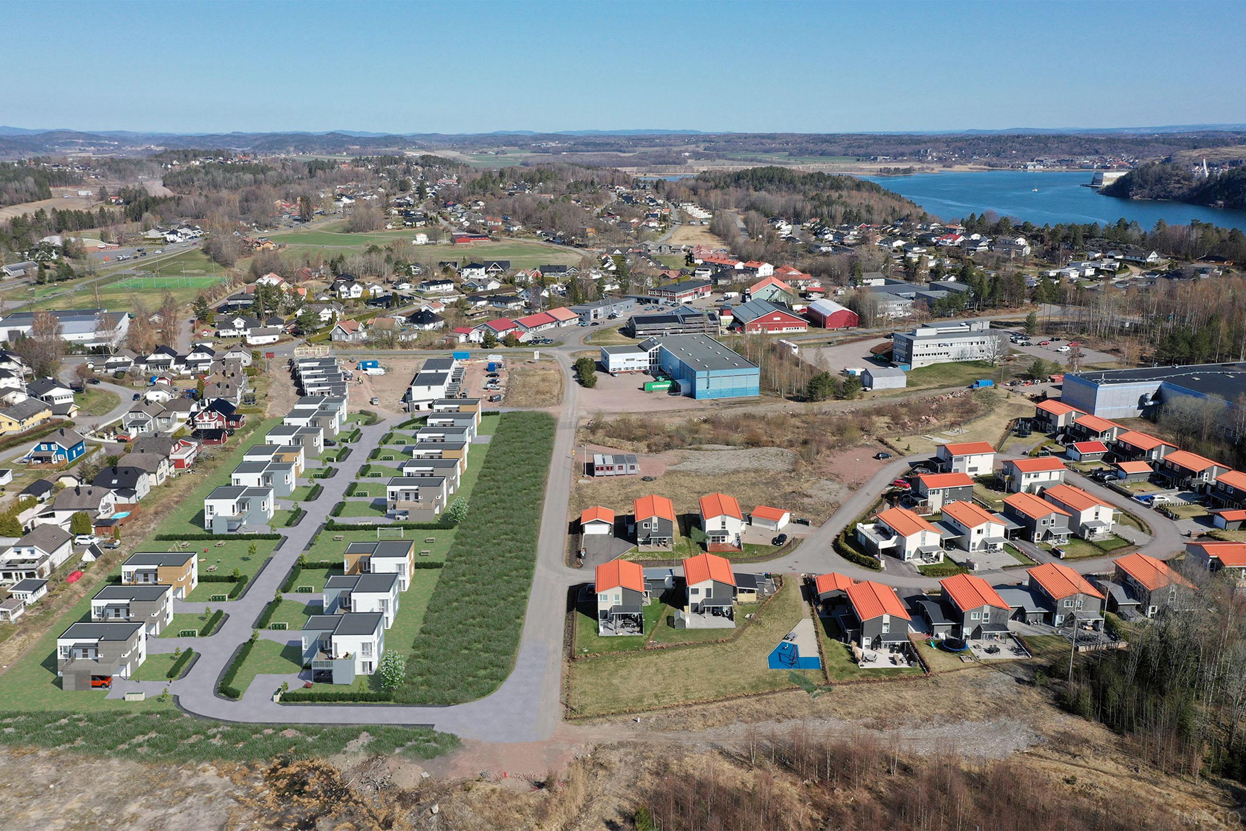 Oversiktsbilde av området for JM boligprosjektet Bekkeskogen Allè trinn 2 i Vear, Tønsberg - illustrert.