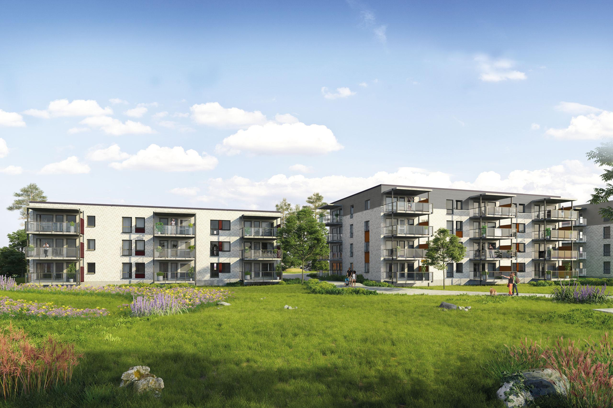 Fasaden til leilighetene på Hovland Platå sett forfra