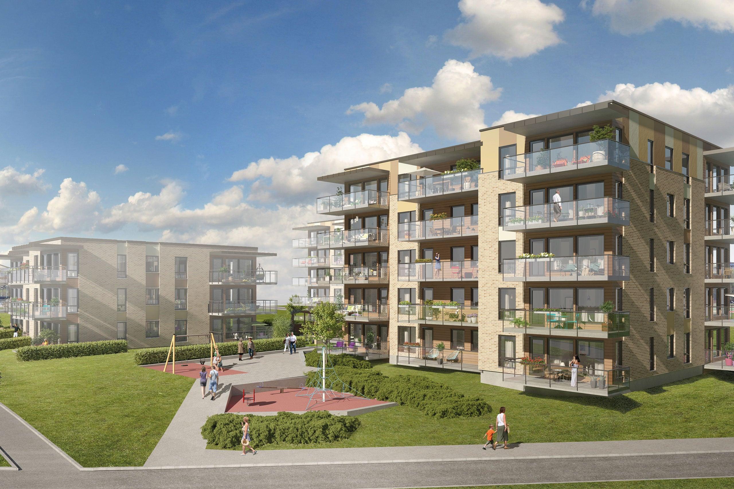 Utsiden av boligblokken til de nye leilighetene i Semsbyen