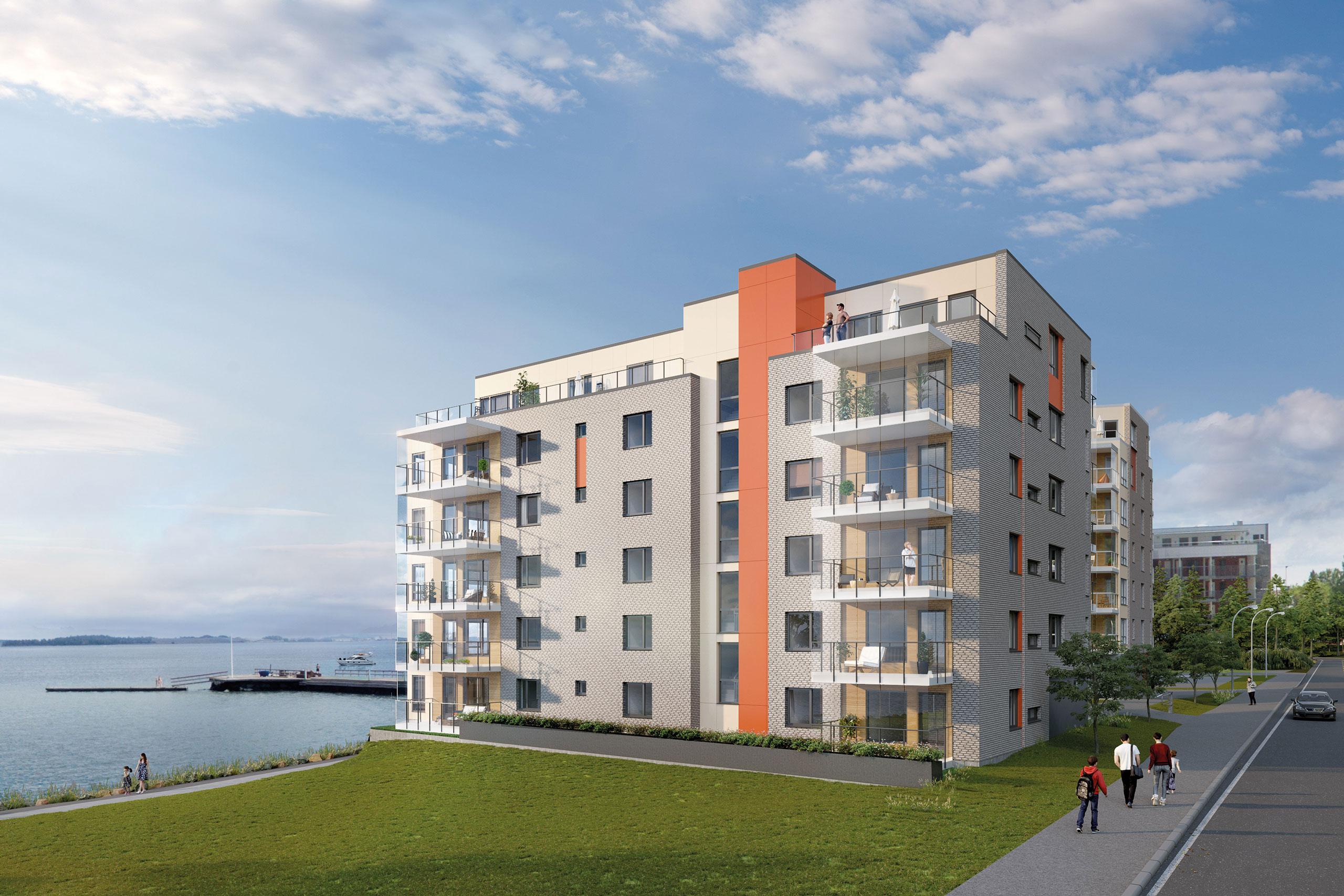 Bygg C sin fasade, sett fra siden med flytebrygge