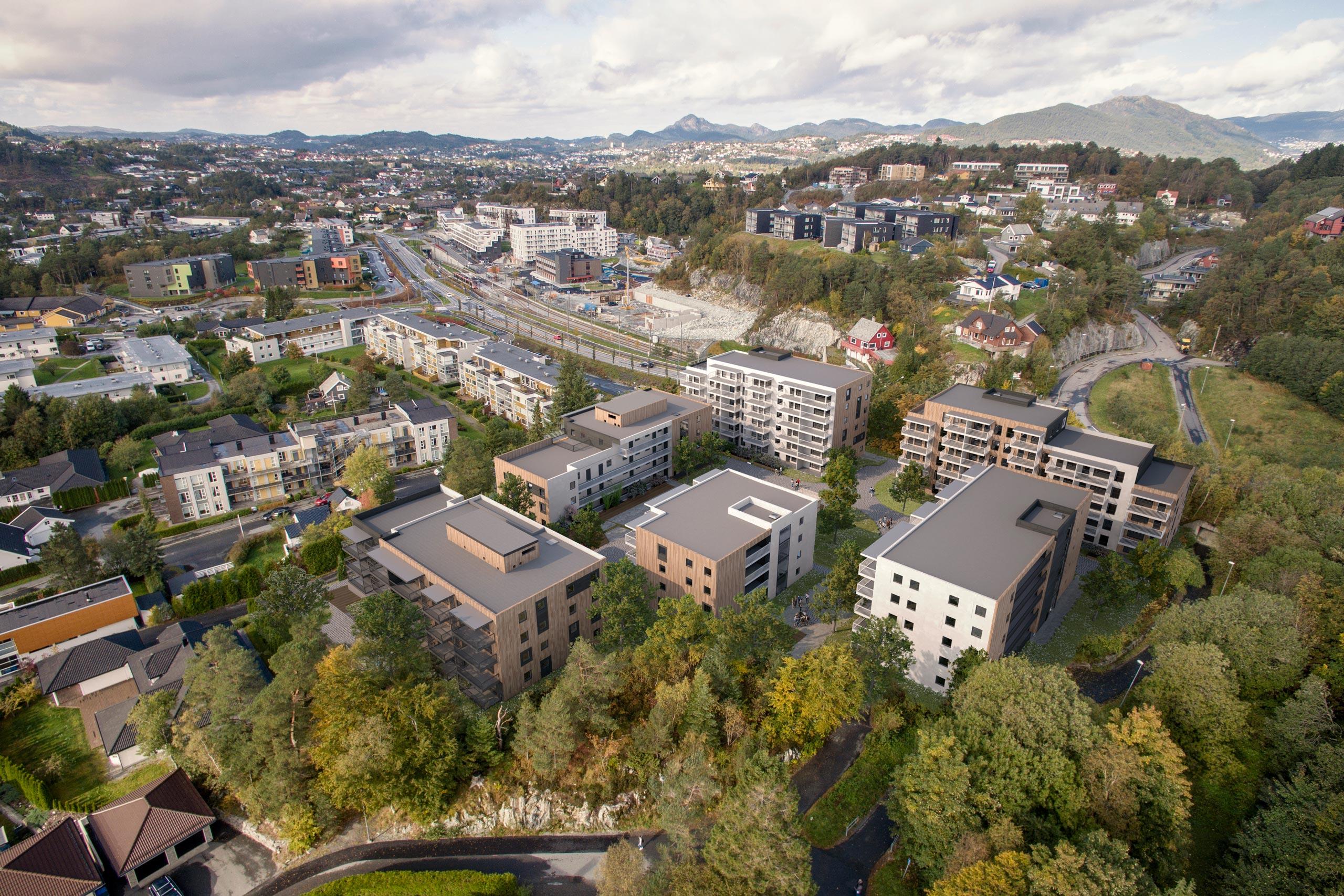 Oversikt over leilighetsbyggenes beliggenhet i Fana med grønne forhold rundt