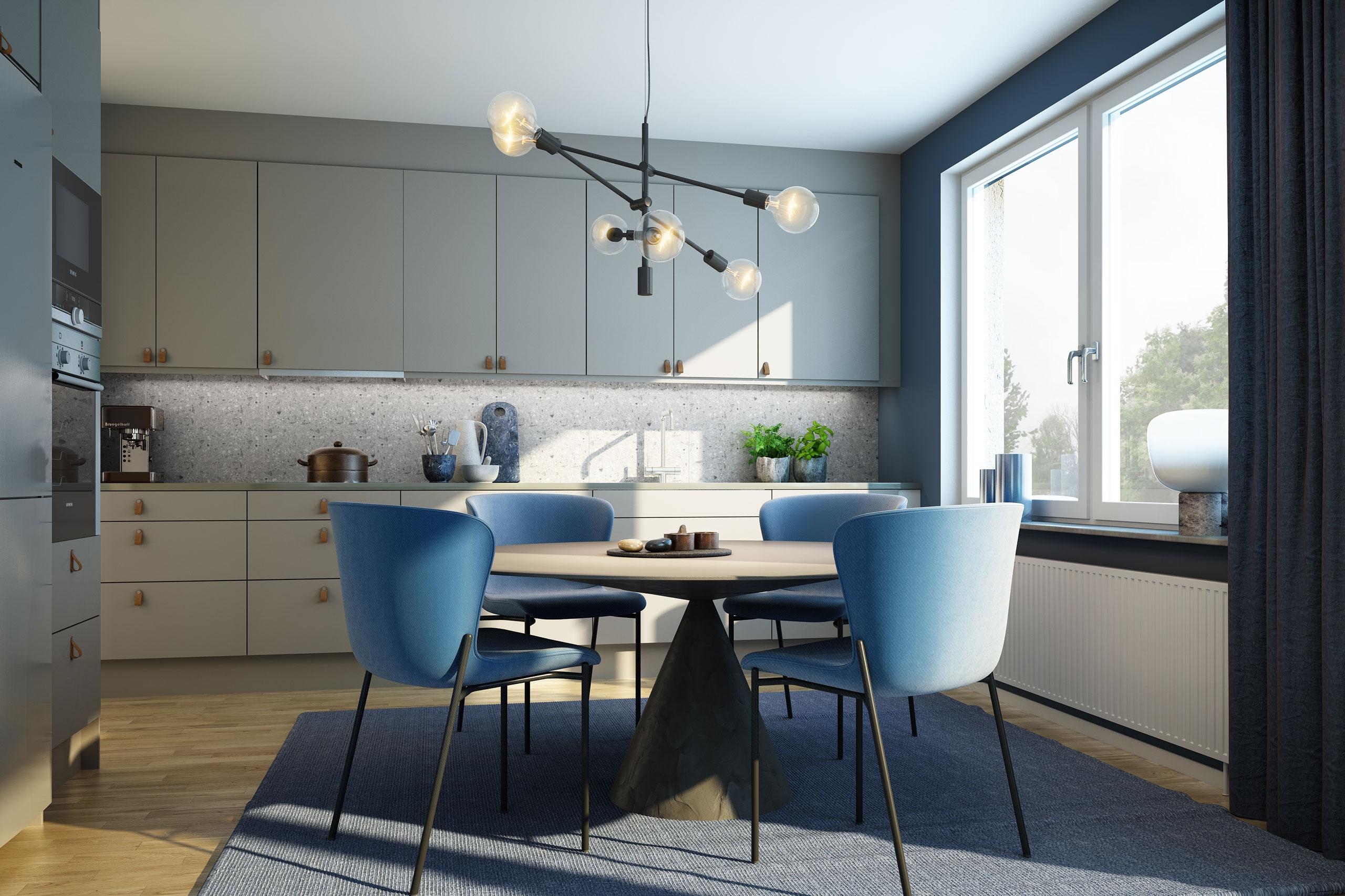 Lyst, stilrent og åpent kjøkken med moderne spisestue