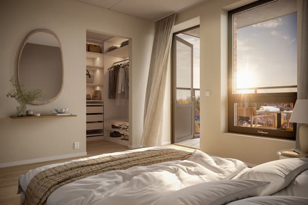 Østvendt balkong fra hovedsov med walk-in closet. Vist fra C-0501 (5.etg)