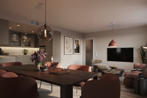 Flott spisestue, kjøkken og stue.  3d bilde som viser leilihgeten med oppgraderte tilvalg.