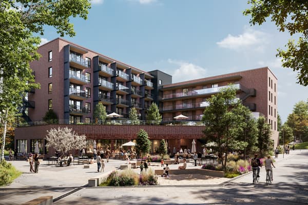 Illustrasjon av fasade sett mot torget. Vi gjør oppmerksom på at endringer på torget vil kunne forekomme.