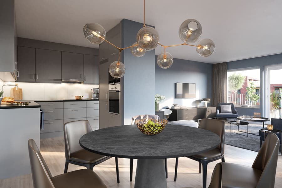 Illustrasjon av er romslig åpen stue med effektiv bruk av plassen og moderne innredning