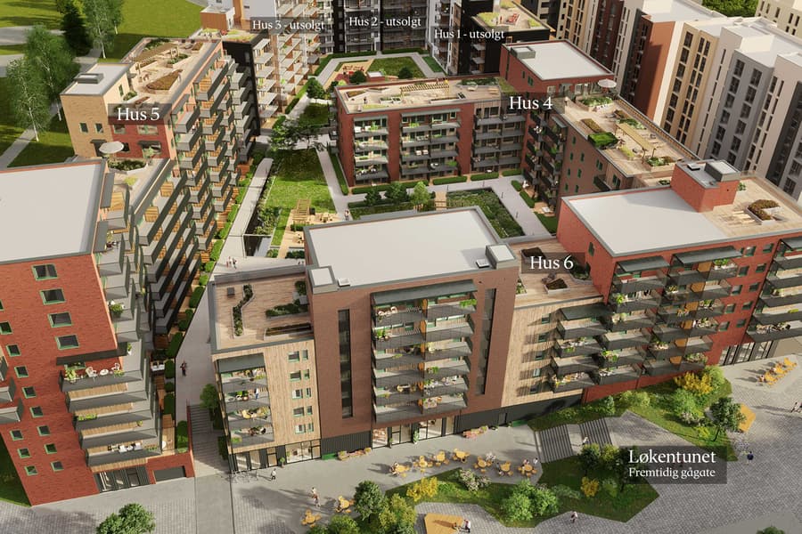Oversikten viser hus 1-6 og Løkentunet (ny gågate).