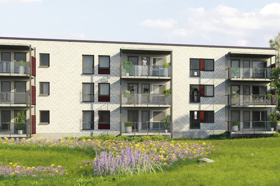Detaljbilde av fasaden til Hovland Platå
